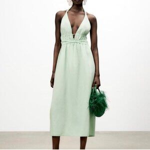 Zara Linen Cotton Halter Midi Dress Blogger Fav Green Size Small